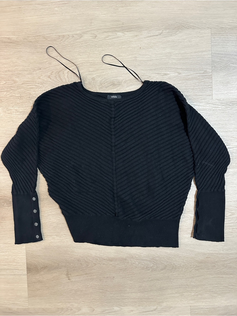 Alfani Black Ribbed Chevron Scoop-Neck Sweater with Button Cuffs